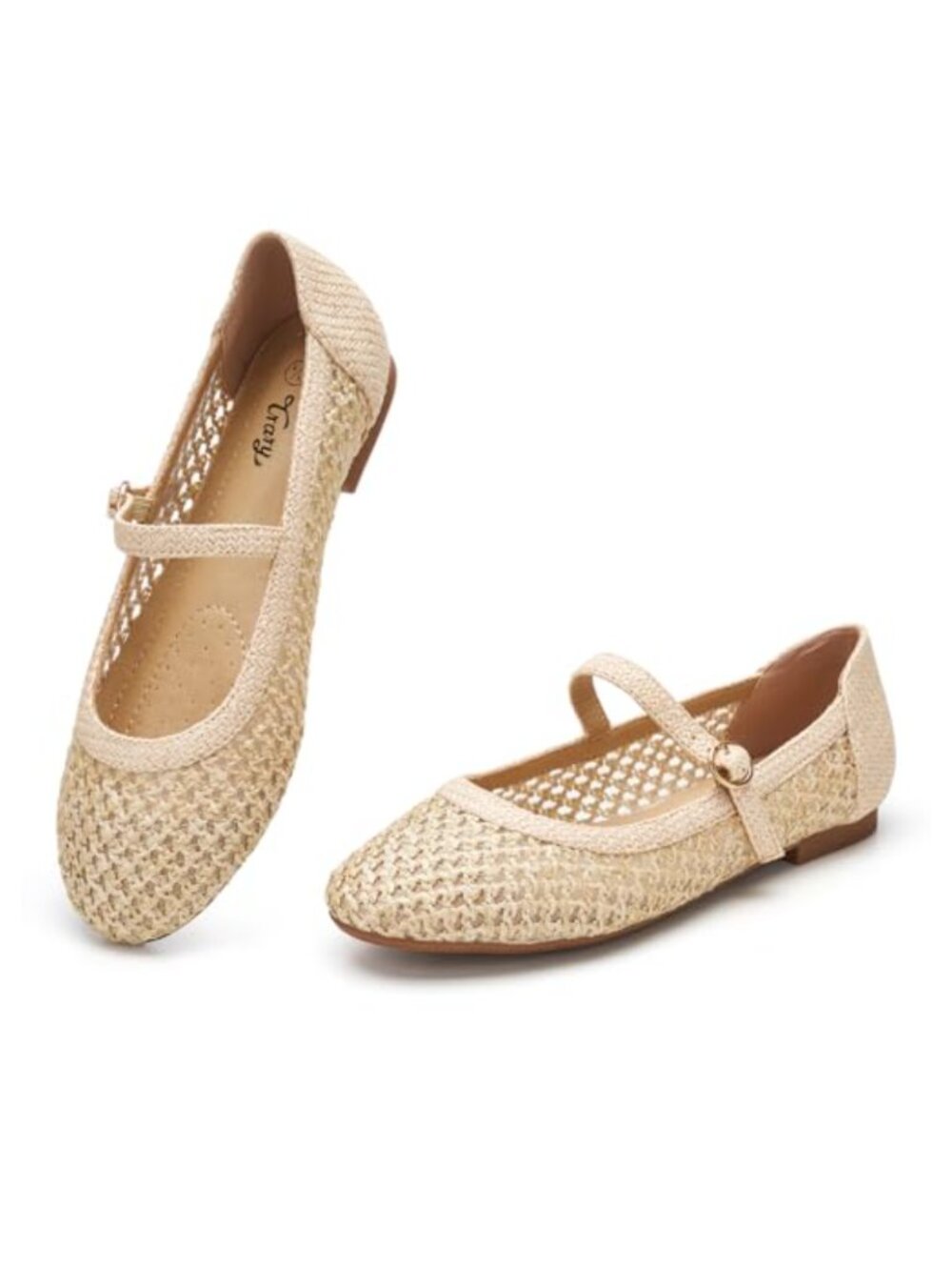 Mary Jane Woven Raffia Flats Memory Foam Round Toe Buckle Strap